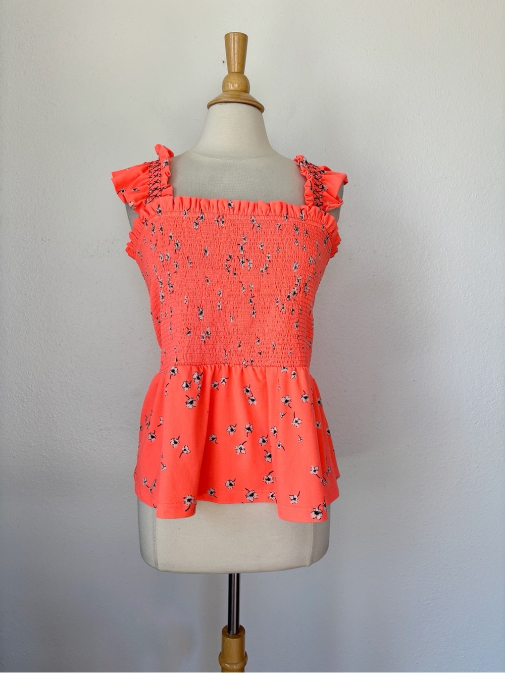 CeCe Neon Coral Floral Smocked Sleeveless Peplum Tank Top